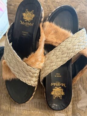 Mr & Mrs Italy Mink&raffiabraided slide.vintage limited edition,size39 gorgeous